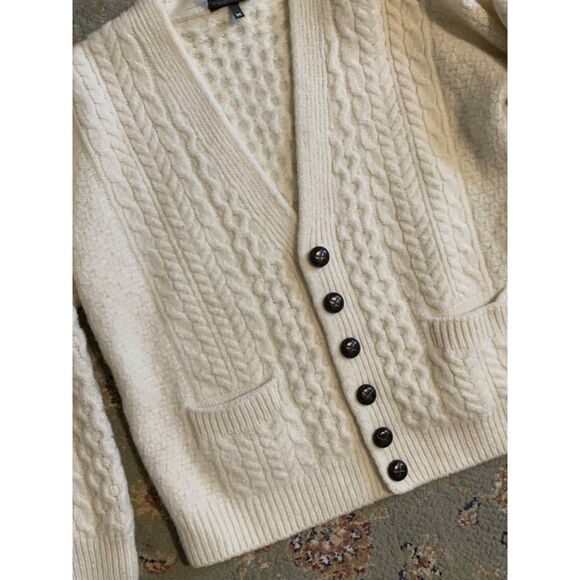 Aran V-Neck Cream Cable Knit Brown Button Merino Wool Cardigan w/ Pockets, M - Picture 5 of 6